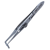 Jameson Muscle Forceps, Child Size, Left, Serrated Handle With Slide Lock And Polished Finish, Angled Shafts, 9mm Scaled Jaws, 1mm Teeth On One Jaw Fit Into Holes On Other Jaw, And Overall Length Of 3 7/8" (99mm)  